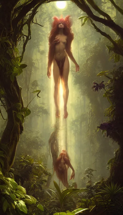 Prompt: hyper realistic alien, lush plants, full moon, light rays, gnarly trees by tom bagshaw, mucha, gaston bussiere, craig mullins, j. c. leyendecker 8 k