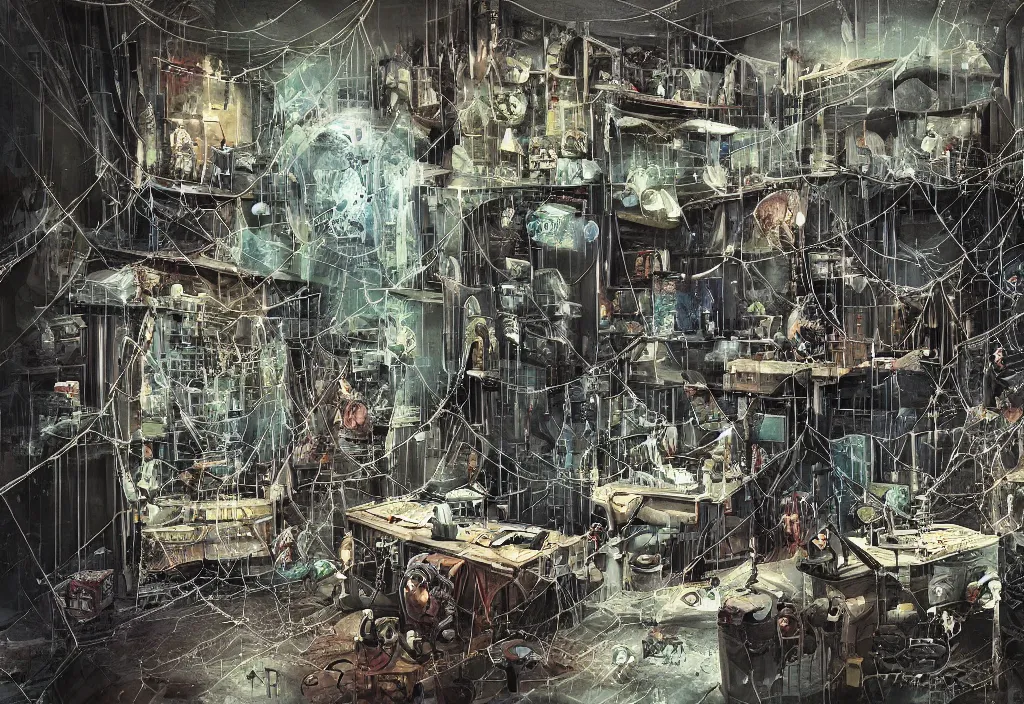 Prompt: a laboratory full of potions and experiments. abandoned. spider webs. poor lighting. darker scenes. cyberpunk. apocalypse. painting on canvas. digital art. high quality. high fidelity.