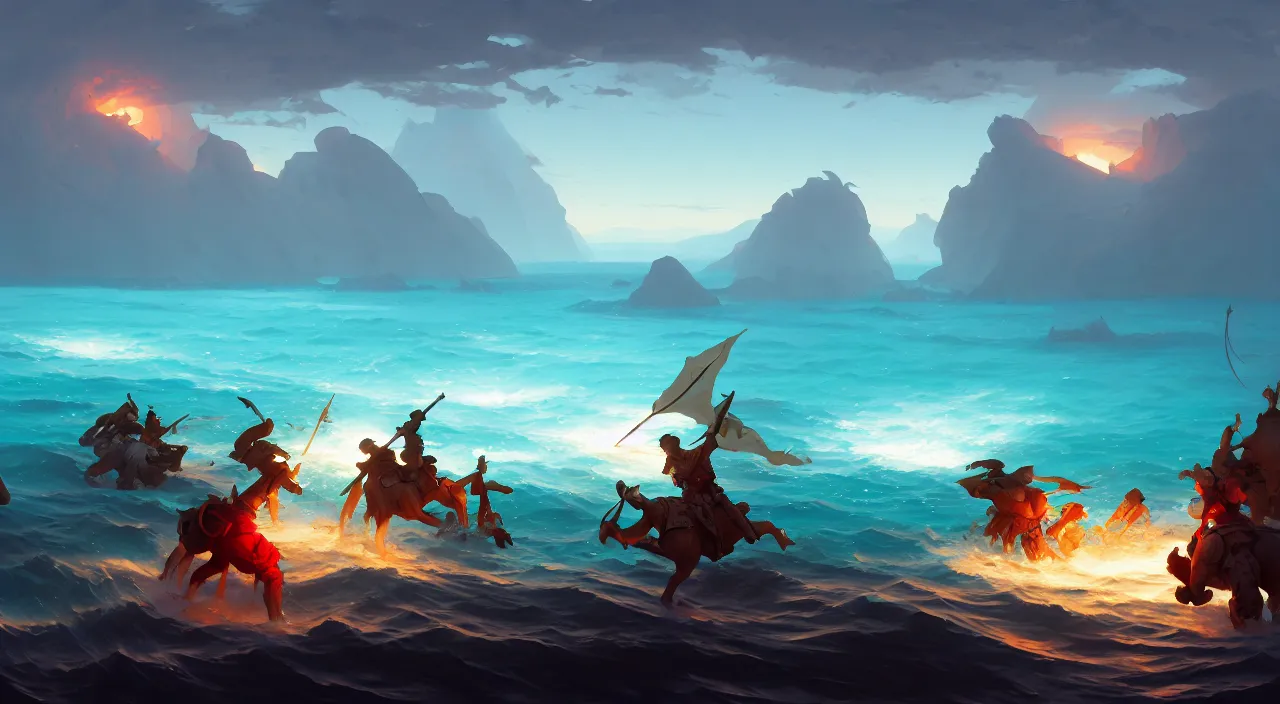 Image similar to concept art of a medieval battles in the sea, volumetric lighting, digital pixel art, pixiv, official fanart behance hd by Jesper Ejsing, by RHADS, Makoto Shinkai and Lois van baarle, ilya kuvshinov, rossdraws global illumination