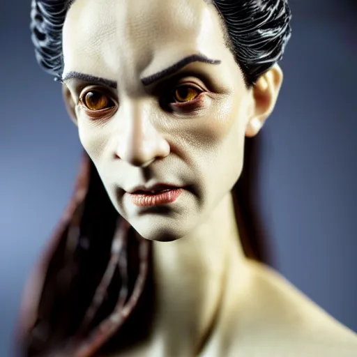 Image similar to photo taken of an epic intricate, ultra detailed, super realistic life sized bust of a majestic gracious regal aristocratic brunette female vampire created by weta workshop, menacing, some zoomed in shots, photorealistic, sharp focus, white wall, extremely cold blueish colour temperature, 3 5 mm, f 1. 4, golden ratio