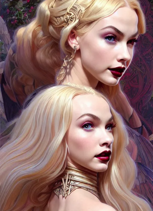 Image similar to ultra realistic illustration, a stunningly beautiful greek gothic goddess of chaos played by jordyn jones and dove cameron and margot robbie and taylor swift and megan fox, intricate, elegant, highly detailed, digital painting, artstation, concept art, smooth, sharp focus, illustration, art by artgerm and greg rutkowski and alphonse mucha