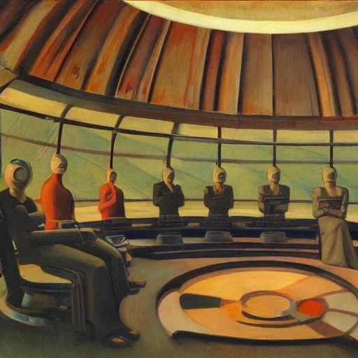 Image similar to three brutalist robotic seers watchers oracles soothsayers inside a retractable dome, pj crook, grant wood, edward hopper, syd mead, oil on canvas