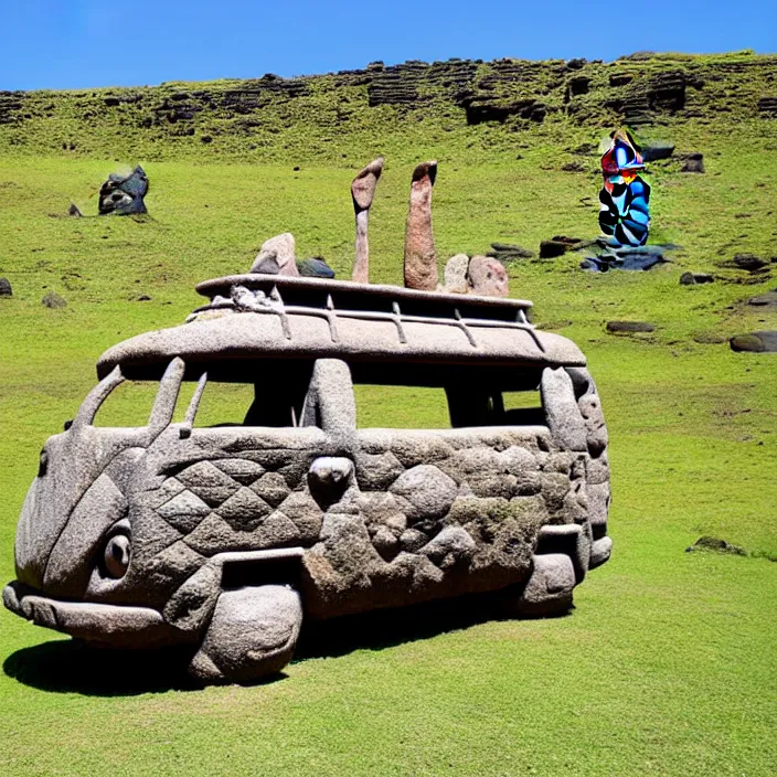 Image similar to ancient vw bus made of stone on the besch, moai from rapa nui style