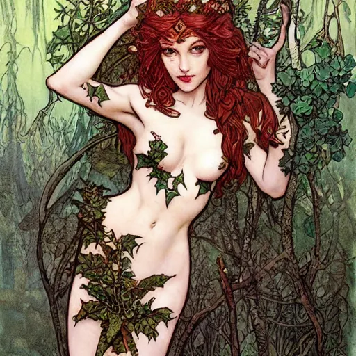 Image similar to a beautiful and detailed magic the gathering card of a seductive poison ivy as a dryad, fantasy, d & d, dark eyeliner, intricate, elegant, highly detailed, digital painting, artstation, concept art, matte, sharp focus, illustration, art by rebecca guay and by arthur rackham and by alphonse mucha and by john william waterhouse