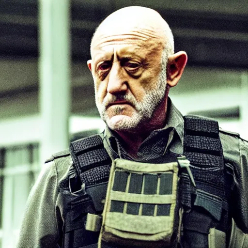 Image similar to Film Still of Mike Ehrmantraut carrying a sniper rifle and wearing a bulletproof vest, 4k, highly detailed, centered