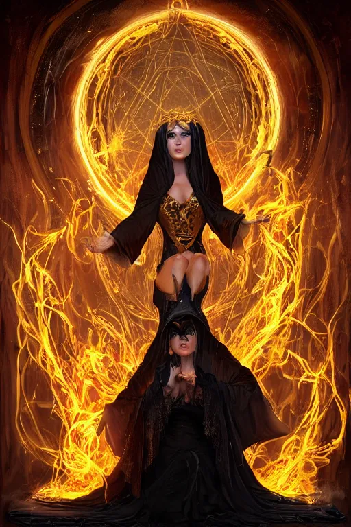 Prompt: a sorceress wearing a black robe with gold embroidery, sitting at table, casting a spell, glowing colored flames, painted by artgerm and tom bagshaw, in the style of magic the gathering, highly detailed digital art