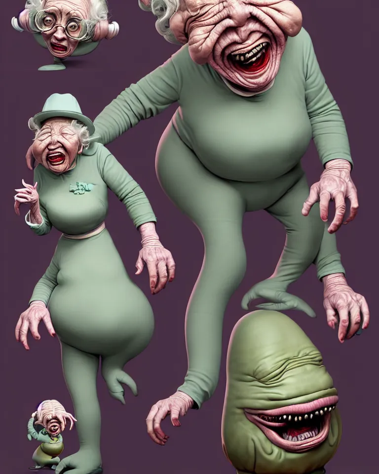 Prompt: your saggy wrinkled grandmother is a cosmic horror by bruce brenneise and wayne haag, photorealistic digital concept art, in the style of cuphead, trending on cgsociety, trending on zbrush central