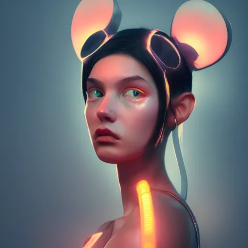 Image similar to beautiful girl wearing mouse ears and jumpsuit, sharp focus, octane render, volumetric lighting, 8k high definition, by greg rutkowski, highly detailed, trending on art Station