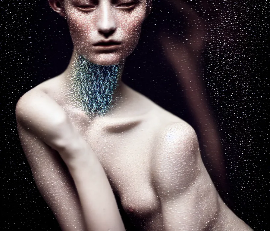 Prompt: cinestill 5 0 d photo portrait of a beautiful hybrid woman in style of paolo roversi by roberto ferri, matt basalt body intricate detailed, intricate sparkling basalt ornamental hair, 1 5 0 mm lens, f 1. 4, sharp focus, ethereal, emotionally evoking, head in focus, radiant volumetric lighting, matt colors outdoor