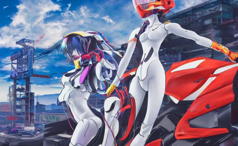 Image similar to billboard advertisement with an extremely beautiful photo of a white marble statue of an anime girl with colorful motocross logos and motorcycle helmet with closed visor, colorful smoke in the background, carved marble statue, fine art, neon genesis evangelion, virgil abloh, offwhite, denoise, highly detailed, 8 k, hyperreal