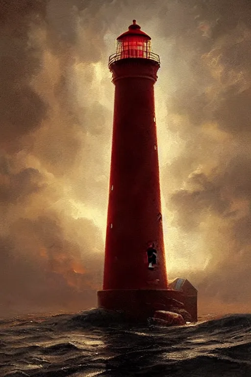 Image similar to imagine a ship in a bottle but instead of a ship a lighthouse is in the bottle, red and white lighthouse, dramatic lighting, masterpiece painting by greg rutkowski