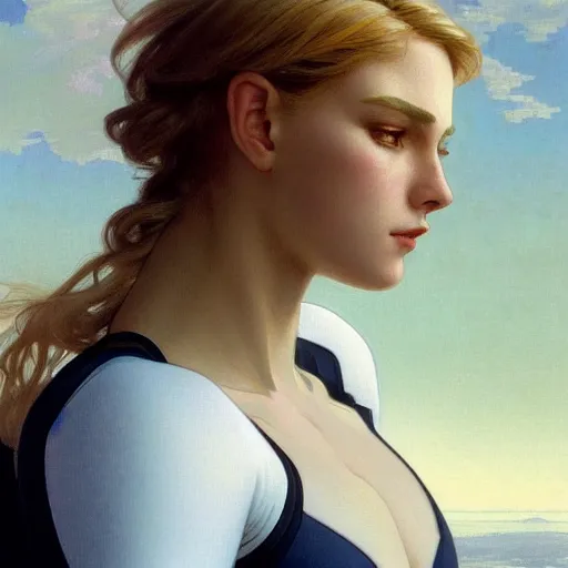 Image similar to a beautiful portrait of a beautiful cute young superhero girl, shoulder - length blonde hair, tight solid matte navy blue lycra bodysuit, white cape, buff, body, muscular, intricate, elegant, 8 k, highly detailed, digital painting, concept art, smooth, sharp focus, illustration, by artgerm greg rutkowski alphonse mucha loish wlop