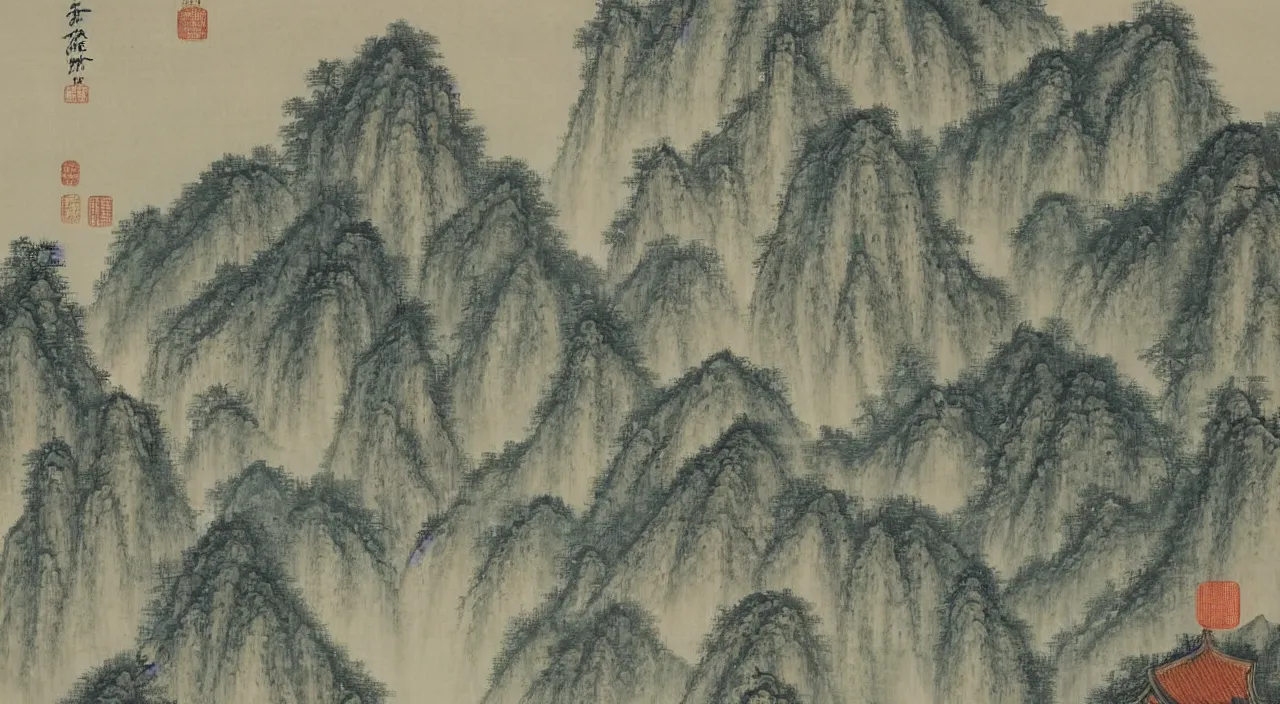 Image similar to a chinese landscape painting of a building in a serene landscape