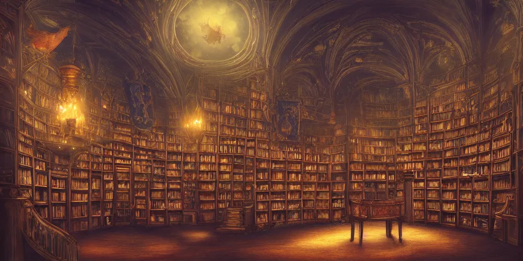 Prompt: magic library in the style of baroque, star roof, dreamy, smoke, hogwarts style, birds, roses, fairy tale, evening lights, highly detailed, artstation, mysterious, comfort, in the style of aetherpunk