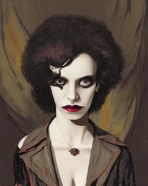 Prompt: a handsome but sinister, creepy young woman in layers of fear, wearing a vivienne westwood collar, with haunted eyes like mannequin eyes and wild hair, 1 9 7 0 s, seventies, wallpaper, a little blood, moonlight showing injuries, delicate embellishments, painterly, offset printing technique, by john howe, brom, robert henri, walter popp