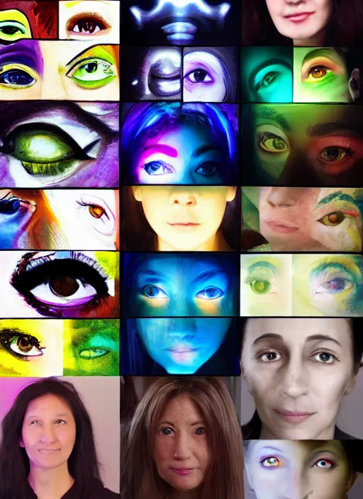 Prompt: diverse eyes! collage, teams, healing, energetic, life, hybrids, thin glowing devices, reflections, vitals visualiser!!, advanced art, art styles mix, from wikipedia, grid of styles