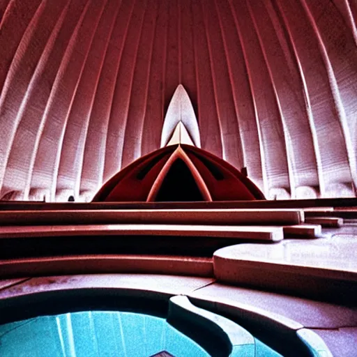 Image similar to interior of a futuristic lotus temple with gold, red and white marble panels, in the desert, by buckminster fuller and syd mead, intricate contemporary architecture, photo journalism, photography, cinematic, national geographic photoshoot