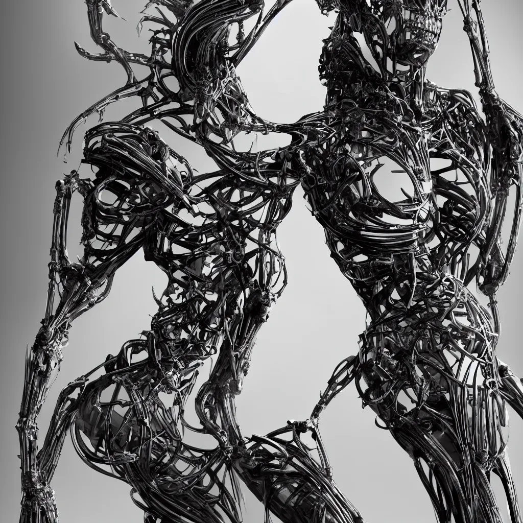 Image similar to a beautiful female is infected with a biomechanical suit, octane render, hyper realistic, art by hr giger and alvin schwartz, black and white, full body, epic angle