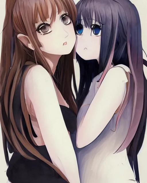 Image similar to portrait of two girls kissing, anime, trending on Artstation