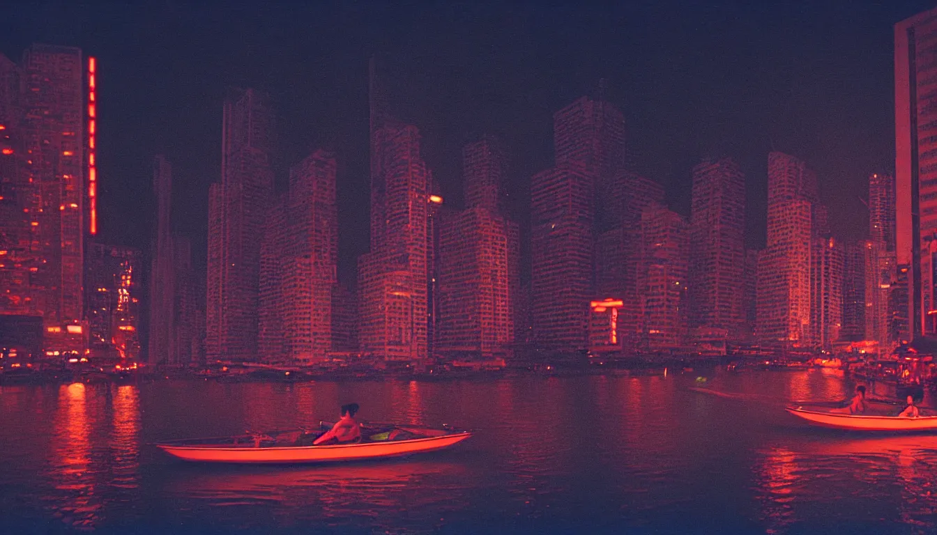 Image similar to 80s asian neon movie still with a lone man driving a boat on the river at night with city lights behind his back. Fallen angels movie still. hyperrealistic, high definition, medium format photography, highly detailed, tehnicolor, anamorphic 50mm lens