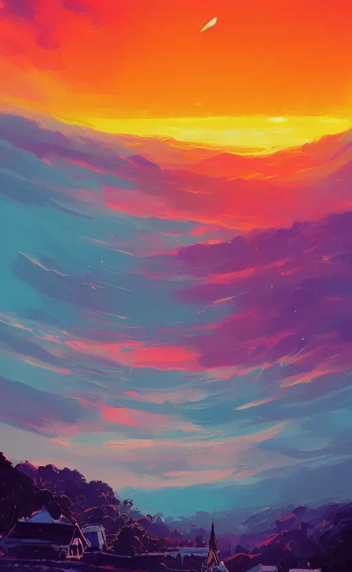 Image similar to a beautiful illustration of the shire at sunset, art of alena aenami, featured on artstation, vertical orientation, paint brush strokes, expressionism, brushstroke - laden, breathtaking clouds, birds, ocean, beautiful stars, long exposure, big sun radius, airy theme, red purple gradient, lens flare