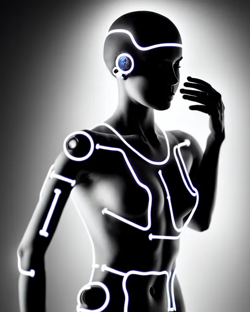 Prompt: black and white artistic photo, full figure, young female cyborg, microchip, artificial intelligence, bio - mechanical bio - luminescence, black wired cables, cinematic, rim light, photo - realistic, 8 k