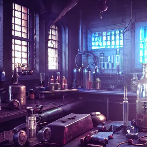 Image similar to cyberpunk alchemy laboratory full of potions, criri from the witcher. stunning 3 d render, flesh texture, realistic, highly detailed attributes and atmosphere, dim volumetric cinematic lighting, 8 k octane detailed render, post - processing, masterpiece, rtx on, rendering on unreal engine