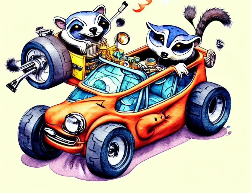 Image similar to cute and funny, racoon riding in a tiny hot rod with oversized engine, ratfink style by ed roth, centered award winning watercolor pen illustration, isometric illustration by chihiro iwasaki, edited by range murata, tiny details by artgerm and watercolor girl, symmetrically isometrically centered