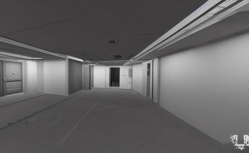 Image similar to screenshot of a first person shooter game on unreal engine 5, narrow modern hallways of a government office facility with white dry wall, photorealistic, retrofuturism