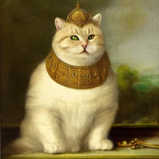 Prompt: a fat fluffy tabby cat with green eyes wearing aristocratic robes and a golden necklace and a crown sitting in a garden in the style of Rembrandt