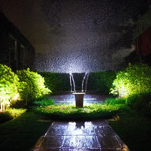 Prompt: rain in a garden at night