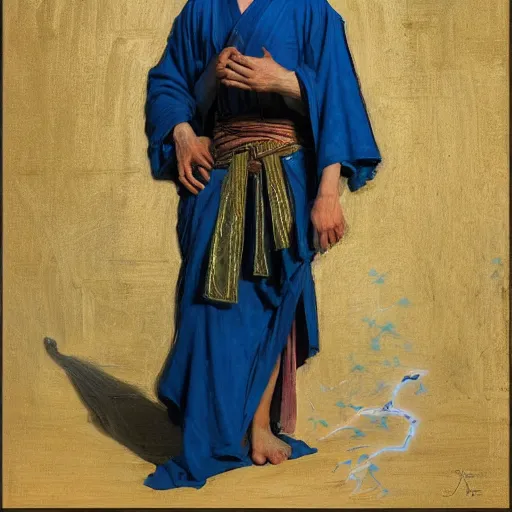 Prompt: orientalist painting of a figure in a blue robe standing in front of a lightning strike in the desert intricate artwork by Fabio Fabbi and john william waterhouse and Edwin Longsden Long and Nasreddine Dinet and Theodore Ralli trending on artstation, very coherent symmetrical artwork high detail 8k