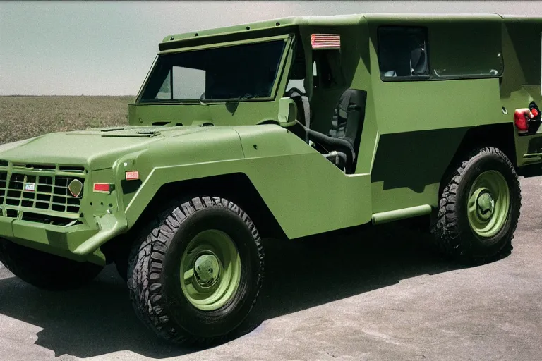 Image similar to designed by Giorgetto Giugiaro stylized poser of a single, 1973 HUMVEE, thick neon lights, ektachrome photograph, volumetric lighting, f8 aperture, cinematic Eastman 5384 film