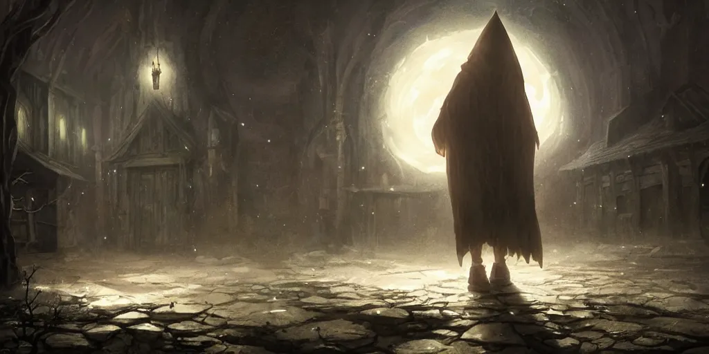 Image similar to a hooded glowing wizard approaches a mysterious abandoned tavern on a moonlit night, dark fantasy, Greg Rutkowski and Studio Ghibli