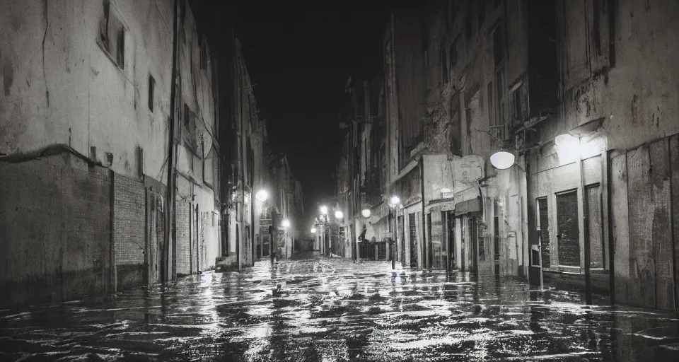 Image similar to a cinestill photo of an abandoned city street, wet streets, nighttime