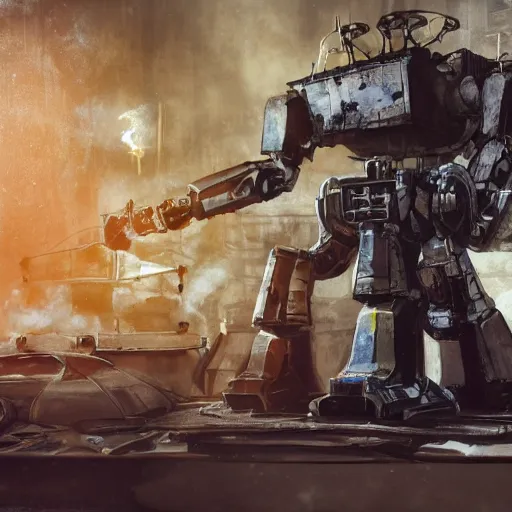 Image similar to head of toaster oven mecha, dark messy smoke - filled cluttered workshop, dark, dramatic lighting, orange tint, cinematic, highly detailed, sci - fi, futuristic, movie still