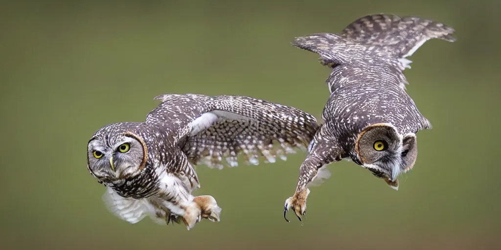 Image similar to scenic photo of an owl catching a mouse. the mouse is covered in blood. focus on the owl's beak and eye. intricate eye. extremely large wings. extreme detail, hyperrealistic photo