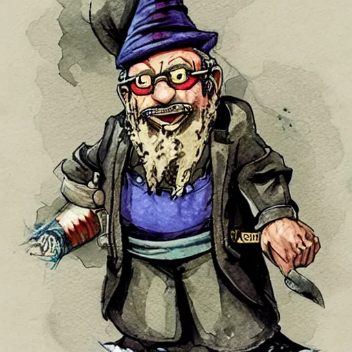 Image similar to Gnome Alchemist dressed like a mobster from the ant hill mob on Wacky Races, drawn by Yoji Shinkawa, water color, Dungeons and Dragons, Wizards of the Coast