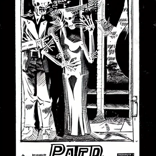 Prompt: skeleton towering over a woman in the dark vintage horror comic pulp art