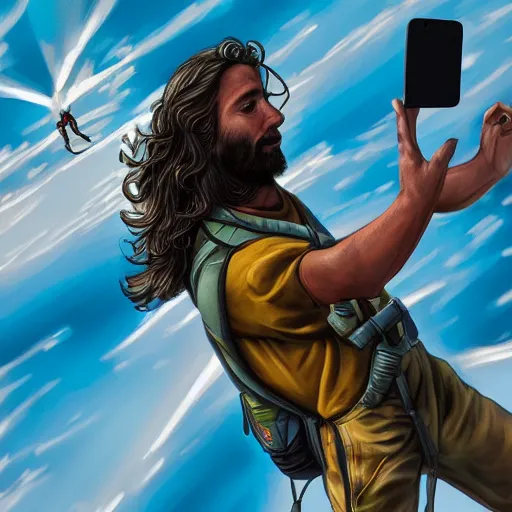 Image similar to a macro portrait of Jesus taking a selfie while skydiving, hyperdetailed, artstation, digital art, photorealism, accurate, 8k,