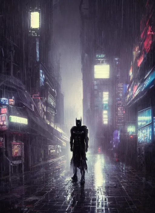 Image similar to cyberpunk batman, rule of thirds, russia, moscow, rain, lights, close - up, high quality, ultrarealistic, sculls, neon glow, by giger, trending on artstation, intricate outfit, spotlight, by greg rutkowski, by jeremy mann, digital painting