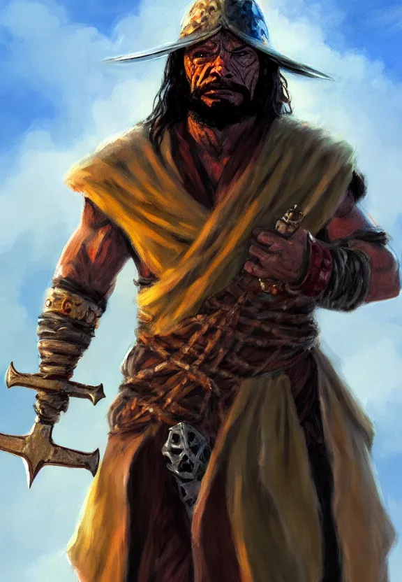 Image similar to a solitary randy savage wearing a heavy cloak with an anchor slung over his shoulder alone full body rocky desolate wasteland | portrait | fantasy impressionist acrylic painting | middle earth | pathfinder | artstation | conan | darksun | d & d dungeons and dragons | barbarian