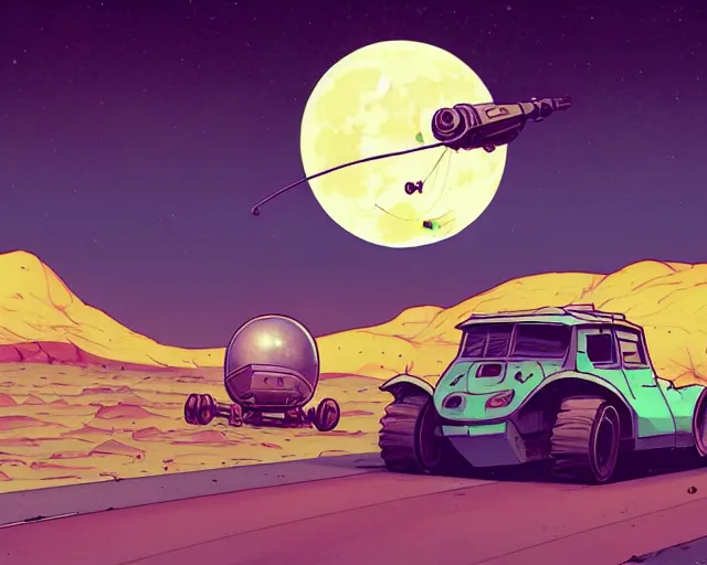 Image similar to a study of cell shaded cartoon of a mechanized snail on a desert road, in front of a big moon illustration, wide shot, muted colors, post grunge, concept art by josan gonzales and wlop, david rubin, mike mignola, laurie greasley, highly detailed, sharp focus, trending on artstation, hq, deviantart, art by artgem