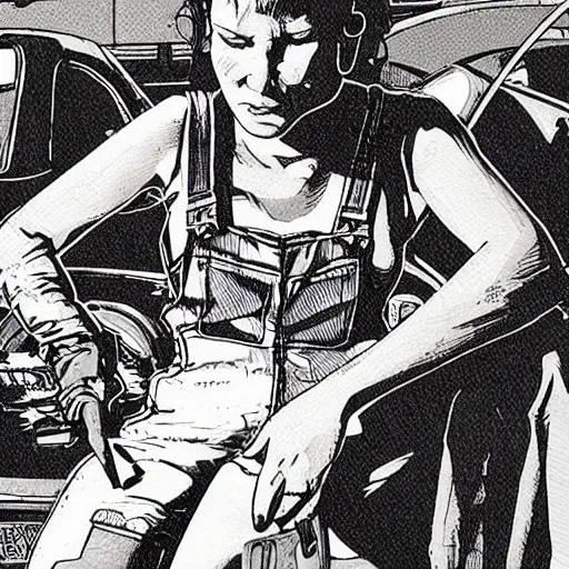 Image similar to “illustration of a tough looking woman sitting in a junkyard. Overalls and tools . Science fiction. Art by Mœbius. Character portrait. Character design. Concept art. Detailed face.”