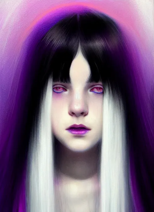 Image similar to hair whitebangs hair, black hair, whitebangs, portrait of teenage girl with white bangs, red irises, purple clothes, white bangs, bangs are different color from hair, intricate, elegant, glowing lights, highly detailed, digital painting, artstation, concept art, smooth, sharp focus, illustration, art by wlop, mars ravelo and greg rutkowski