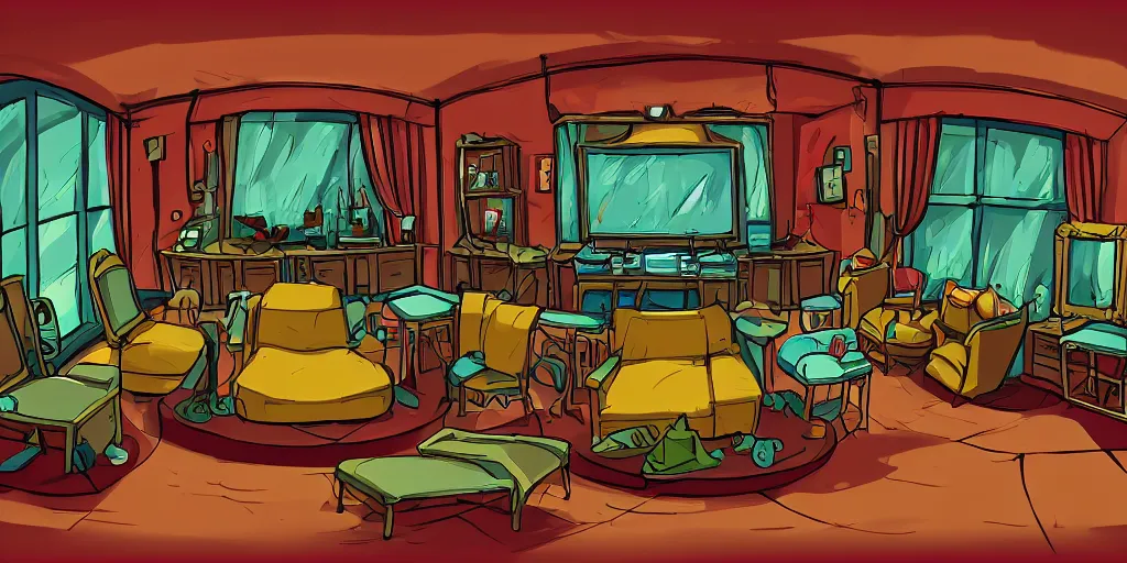 Image similar to a dimly lit, theater dressing room, with a mirror, a chair, a couch, day of the tentacle style, drawn by Peter Chan, fish eye