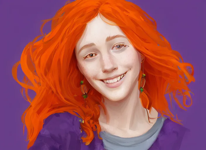 Image similar to portrait of a beautiful smiling girl with orange hair and freckles, green eyes, style by Gretel Lusky, artstation, concept art, background is purple