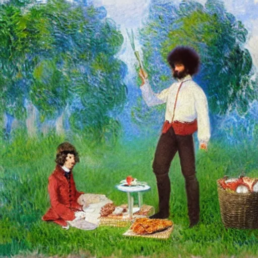 Prompt: napoleon and bob ross having picnic by monet