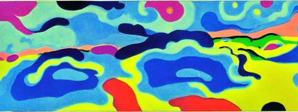 Image similar to Psychedelic sci-fi dreamworld. Landscape painting. Organic. Winding rushing water. Waves. Clouds. Peter Max. Landscape by Milton Avery.