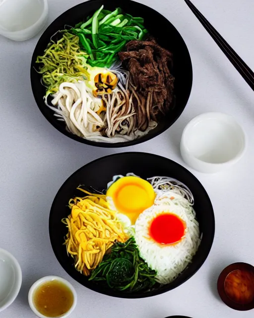 Prompt: realistic photo of delicious bimbimbap, bowl, white kitchen table, marble, highly detailed, by louise lister, sara ali, mary devinat, kailee mandel, masterpiece, award winning, food photography